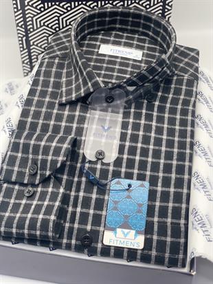 Klasik Uzun Kol Kışlık Kareli %100 Cotton Yaka Alttan Düğmeli Hediye Kutulu Erkek Gömlek FS-003129 - Siyah