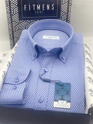 Slim Fit Uzun Kol Baklava Desen Kol Nakışlı Yaka Düğmeli Hediye Kutulu Şık Erkek Gömlek FS-004200 - Saks Mavi