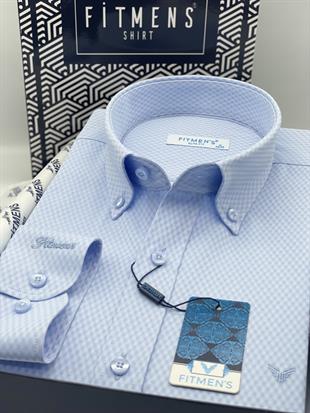 Slim Fit Uzun Kol Baklava Desen Kol Nakışlı Yaka Düğmeli Hediye Kutulu Şık Erkek Gömlek FS-004200 - Mavi