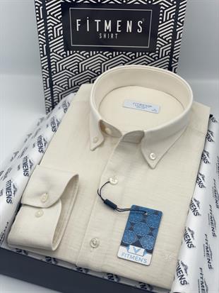 Slim Fit Uzun Kol Müslin Pamuk Rahat Nefes Alabilen Kumaştan Yaka Düğmeli Hediye Kutulu Erkek Gömlek FS-004202 - Krem