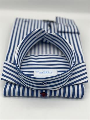 Slim Fit Uzun Kol Likralı Çizgili Yaka Düğmeli Hediye Kutulu Erkek Gömlek FS-003669 - Saks Mavi