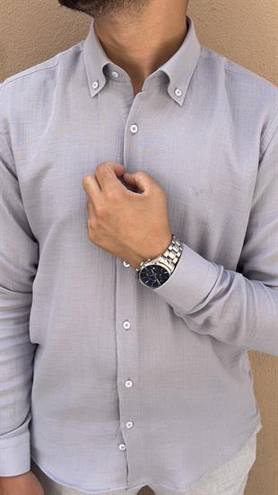 Slim Fit Uzun Kol Müslin Pamuk Rahat Nefes Alabilen Kumaştan Yaka Düğmeli Hediye Kutulu Erkek Gömlek FS-004202 - Gri