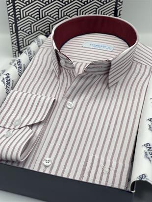 Klasik Uzun Kol Çizgili Hediye Kutulu Erkek Gömlek FS-003864 - Beyaz Bordo
