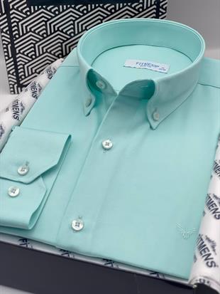 Slim Fit Uzun Kol Pamuklu Hediye Kutulu Kolay Ütülenebilir Erkek Gömlek FS-002225 - Mint