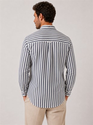 Slim Fit Uzun Kol Keten Likra Çift Desen Cepsiz Hediye Kutulu Erkek Gömlek FS-004577 - Lacivert