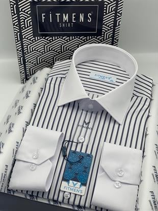 Klasik Uzun Kol Cepsiz Yaka Manşet Beyaz Hediye Kutulu Erkek Gömlek FS-004325 - Beyaz Lacivert