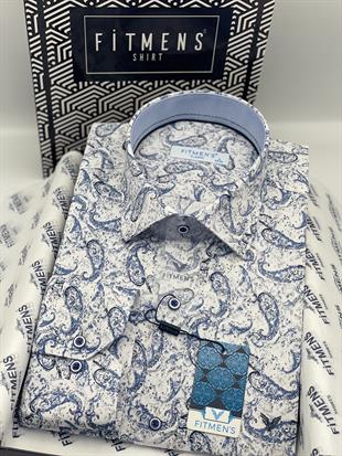 Klasik Uzun Kol Likralı Cepsiz Şal Desen Yaka Alttan Düğmeli Hediye Kutulu Erkek Gömlek FS-003668 - Beyaz Mavi
