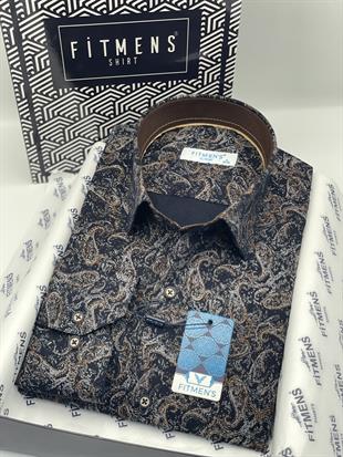 Klasik Uzun Kol Likralı Cepsiz Şal Desen Hediye Kutulu Erkek Gömlek FS-003668 - Lacivert Kahve