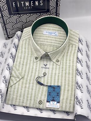 Klasik Kısa Kol Keten Cotton Yaka Düğmeli Hediye Kutulu Erkek Gömlek FS-004152 - Yeşil