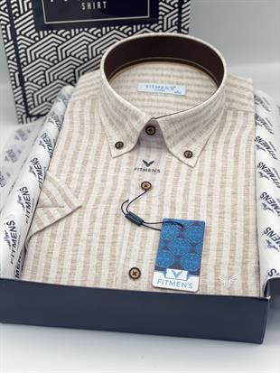 Klasik Kısa Kol Keten Cotton Yaka Düğmeli Hediye Kutulu Erkek Gömlek FS-004152 - Bej