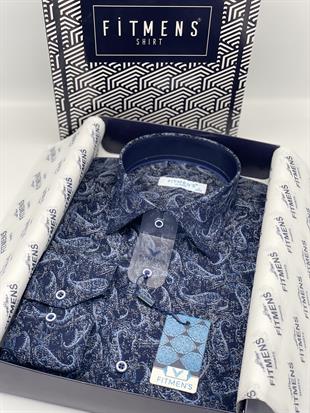 Klasik Uzun Kol Likralı Cepsiz Şal Desen Yaka Alttan Düğmeli Hediye Kutulu Erkek Gömlek FS-003668 - Lacivert