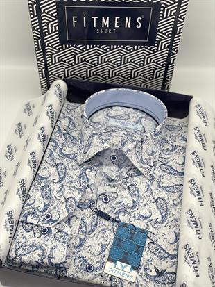 Klasik Uzun Kol Likralı Cepsiz Şal Desen Yaka Alttan Düğmeli Hediye Kutulu Erkek Gömlek FS-003668 - Beyaz Mavi