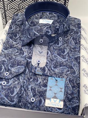 Klasik Uzun Kol Likralı Cepsiz Şal Desen Yaka Alttan Düğmeli Hediye Kutulu Erkek Gömlek FS-003668 - Lacivert