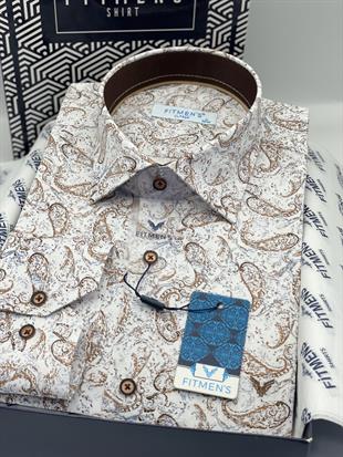 Klasik Uzun Kol Likralı Cepsiz Şal Desen Yaka Alttan Düğmeli Hediye Kutulu Erkek Gömlek FS-003668 - Beyaz Bej