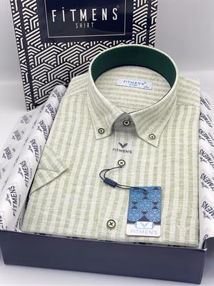 Klasik Kısa Kol Keten Cotton Yaka Düğmeli Hediye Kutulu Erkek Gömlek FS-004152 - Yeşil