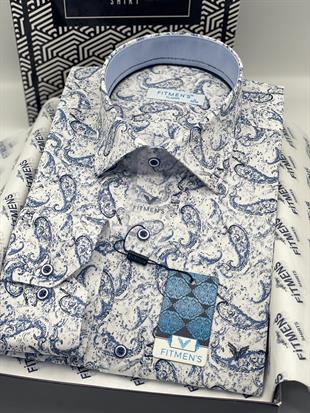 Klasik Uzun Kol Likralı Cepsiz Şal Desen Yaka Alttan Düğmeli Hediye Kutulu Erkek Gömlek FS-003668 - Beyaz Mavi