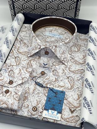 Klasik Uzun Kol Likralı Cepsiz Şal Desen Yaka Alttan Düğmeli Hediye Kutulu Erkek Gömlek FS-003668 - Beyaz Bej