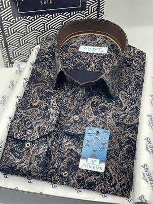 Klasik Uzun Kol Likralı Cepsiz Şal Desen Hediye Kutulu Erkek Gömlek FS-003668 - Lacivert Kahve