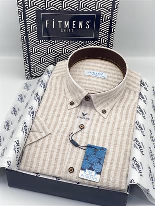 Klasik Kısa Kol Keten Cotton Yaka Düğmeli Hediye Kutulu Erkek Gömlek FS-004152 - Bej