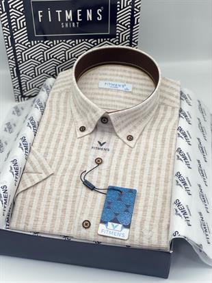 Klasik Kısa Kol Keten Cotton Yaka Düğmeli Hediye Kutulu Erkek Gömlek FS-004152 - Bej
