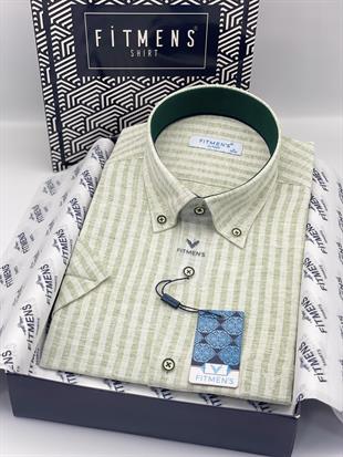 Klasik Kısa Kol Keten Cotton Yaka Düğmeli Hediye Kutulu Erkek Gömlek FS-004152 - Yeşil