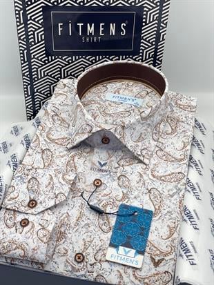 Klasik Uzun Kol Likralı Cepsiz Şal Desen Yaka Alttan Düğmeli Hediye Kutulu Erkek Gömlek FS-003668 - Beyaz Bej