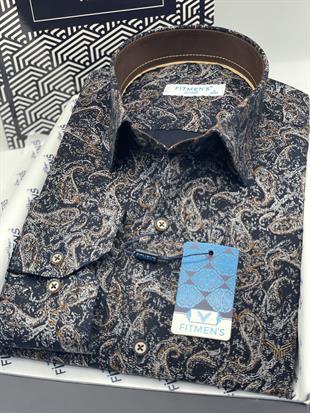 Klasik Uzun Kol Likralı Cepsiz Şal Desen Hediye Kutulu Erkek Gömlek FS-003668 - Lacivert Kahve