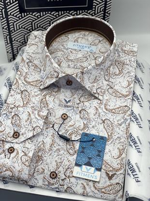 Klasik Uzun Kol Likralı Cepsiz Şal Desen Yaka Alttan Düğmeli Hediye Kutulu Erkek Gömlek FS-003668 - Beyaz Bej