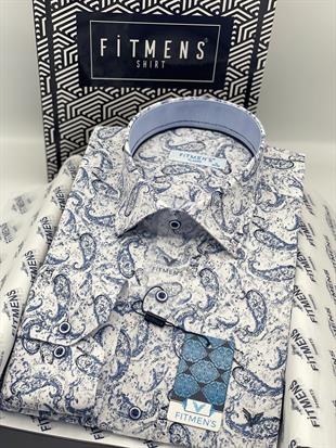 Klasik Uzun Kol Likralı Cepsiz Şal Desen Yaka Alttan Düğmeli Hediye Kutulu Erkek Gömlek FS-003668 - Beyaz Mavi