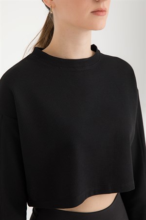 Dokulu Uzun Kollu Crop T-shirt Siyah