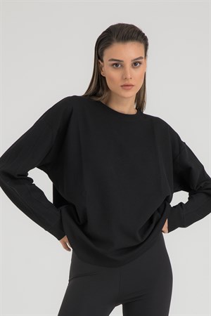 Dokulu Uzun Kollu Oversize T-shirt Siyah