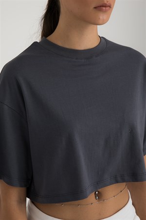 Oversize Kısa Kollu Crop T-Shirt Füme