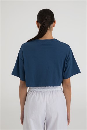 Oversize Kısa Kollu Crop T-Shirt Indigo