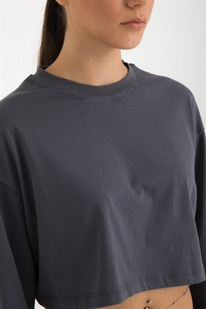 Oversize Uzun Kollu Crop T-Shirt Füme