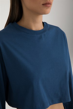 Oversize Uzun Kollu Crop T-Shirt Indigo