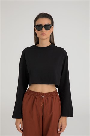 Oversize Uzun Kollu Crop T-Shirt Siyah