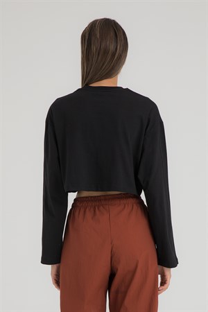 Oversize Uzun Kollu Crop T-Shirt Siyah