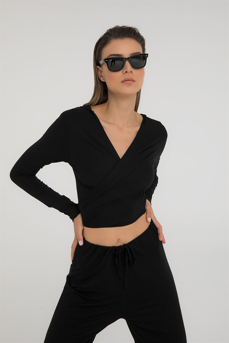 Ultra Soft Kapüşonlu Bağlama Detaylı Bluz Siyah