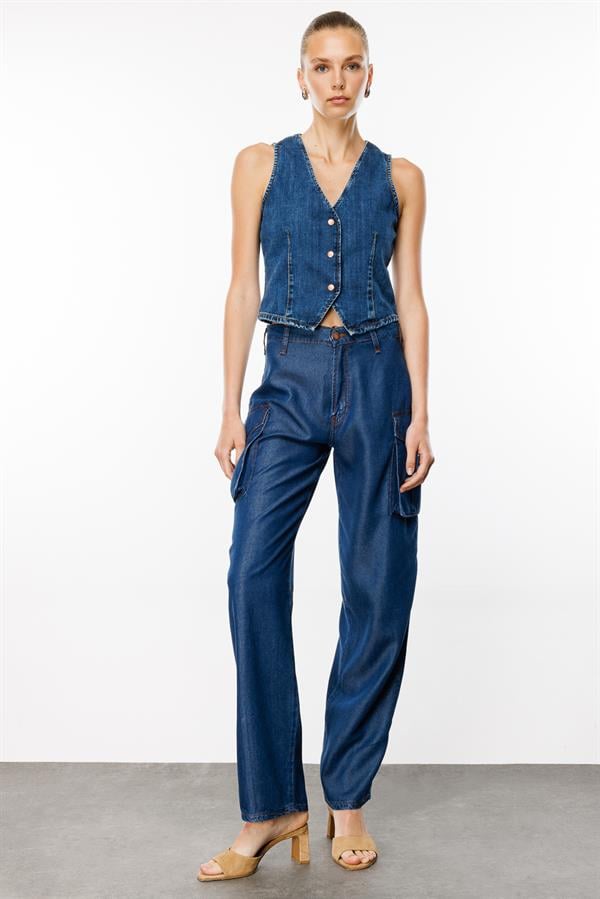 LINN Cargo Fit Rinse Koyu İndigo Utility Kadın Jean Pantolon
