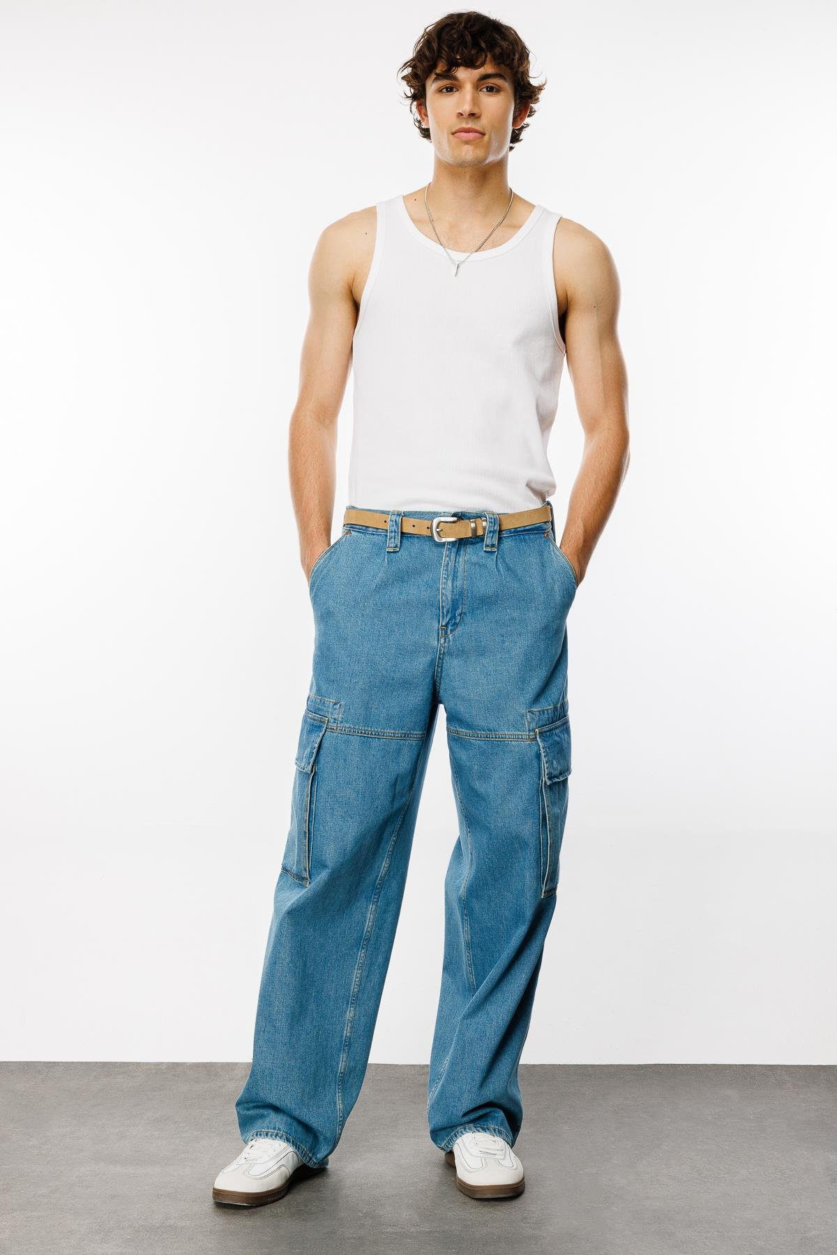 BORRIS Cargo Fit Orta İndigo Utility Erkek Jean Pantolon