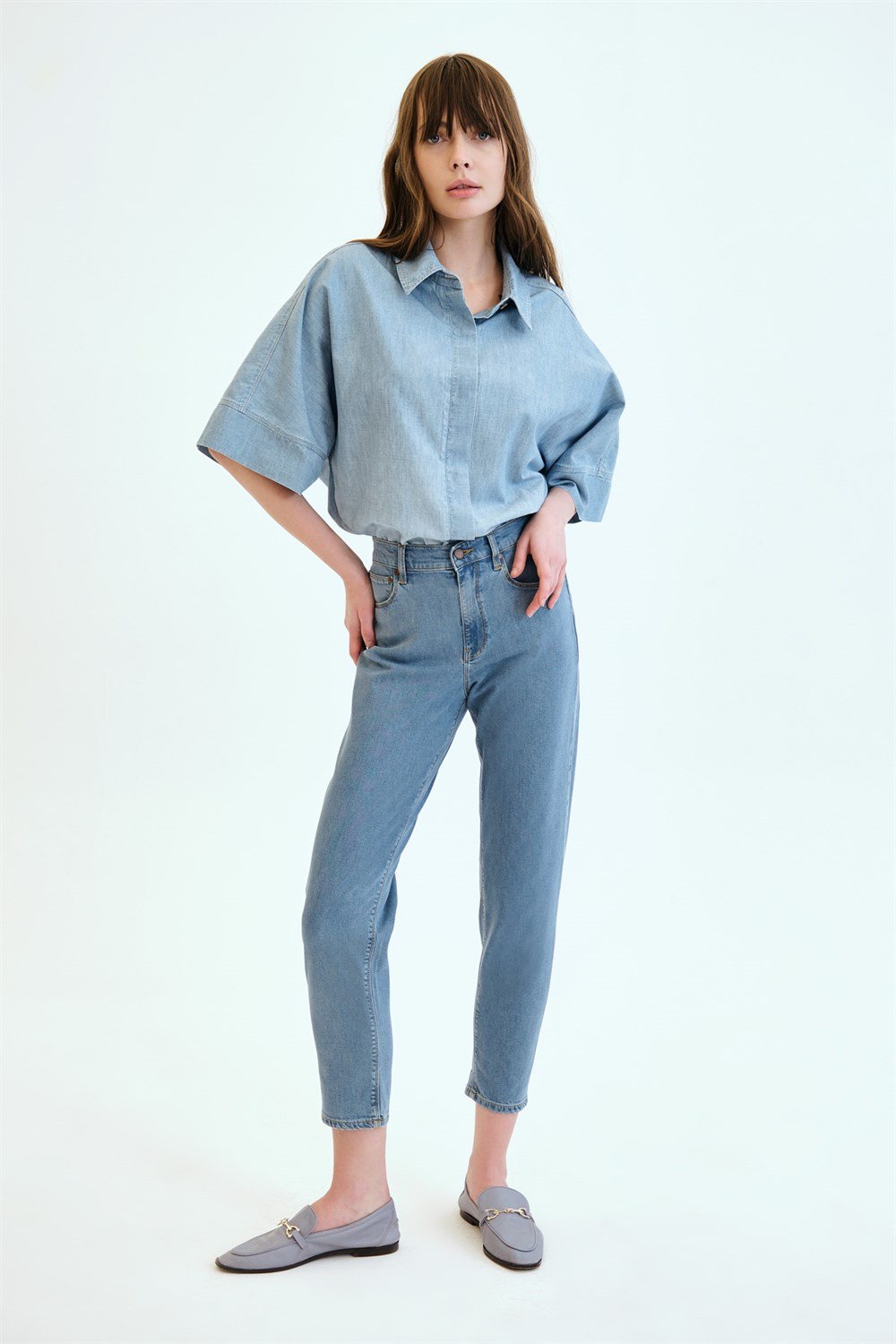 HOLLY Slim Crop Fit Yüksek Bel Crop Dar Paça Açık Indigo Kadın Jean Pantolon