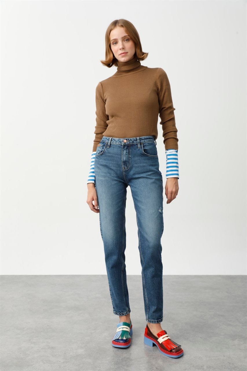 YOLANDA Mom Fit Yüksek Bel Orta İndigo Kadın jEAN Pantolon