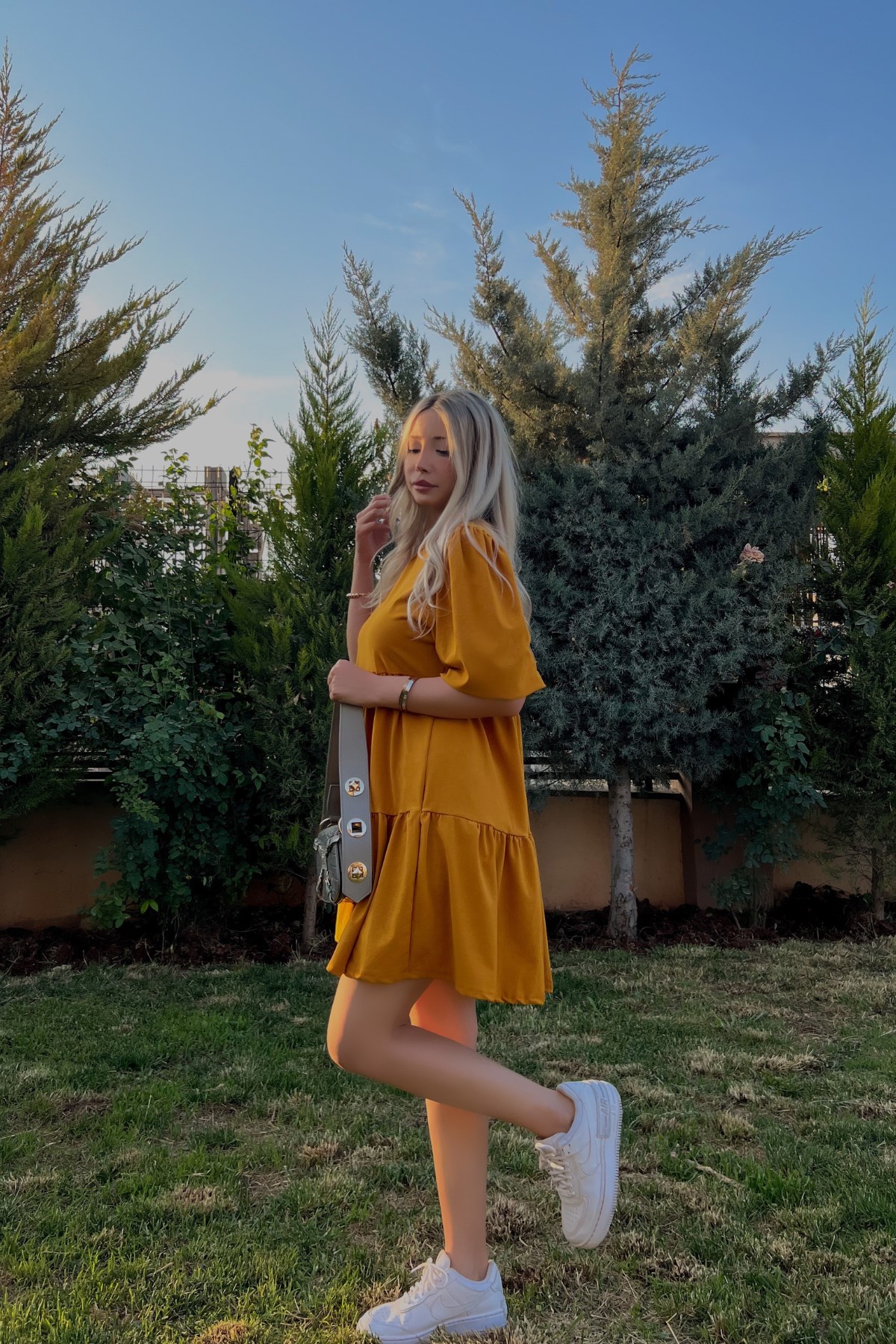 Hardal Sarı Esnek Tok Jarse Kumaş Elbise | Dal Store