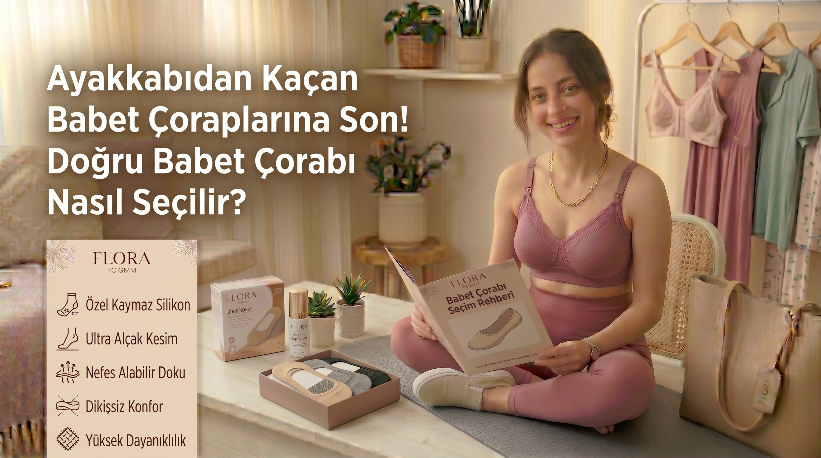 flora ic giyim ayakkabi icinde kaymayan silikonlu pamuklu babet corabi