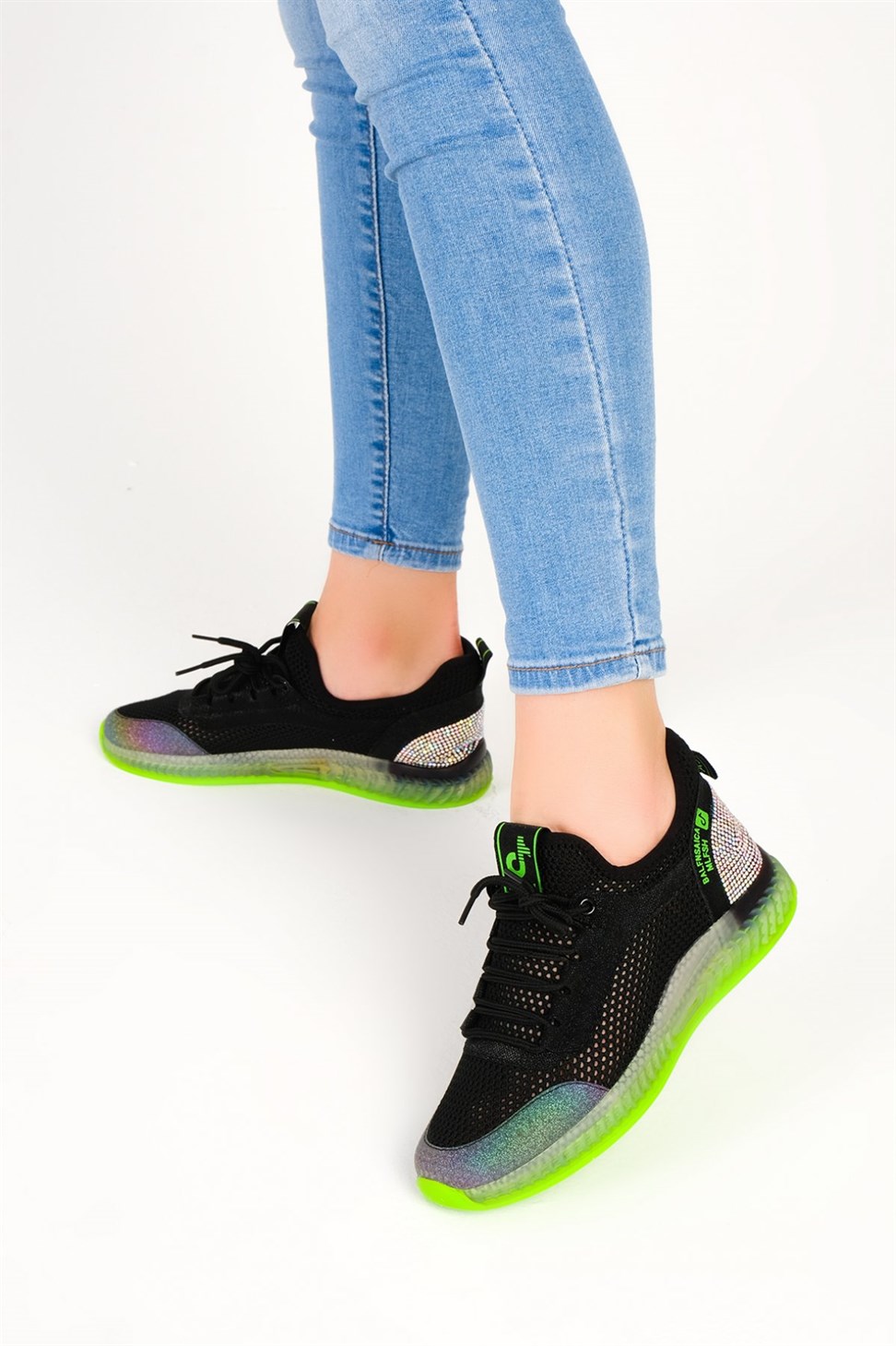 Kadın Renkli File Spor Ayakkabı & Sneaker SİYAH/YEŞİL