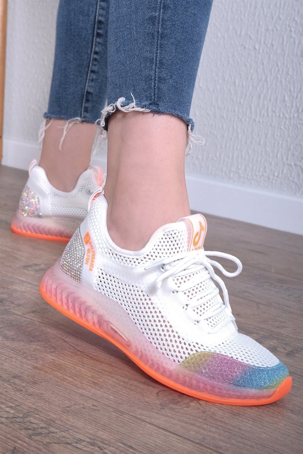 Kadın Renkli File Spor Ayakkabı & Sneaker BEYAZ/TURUNCU