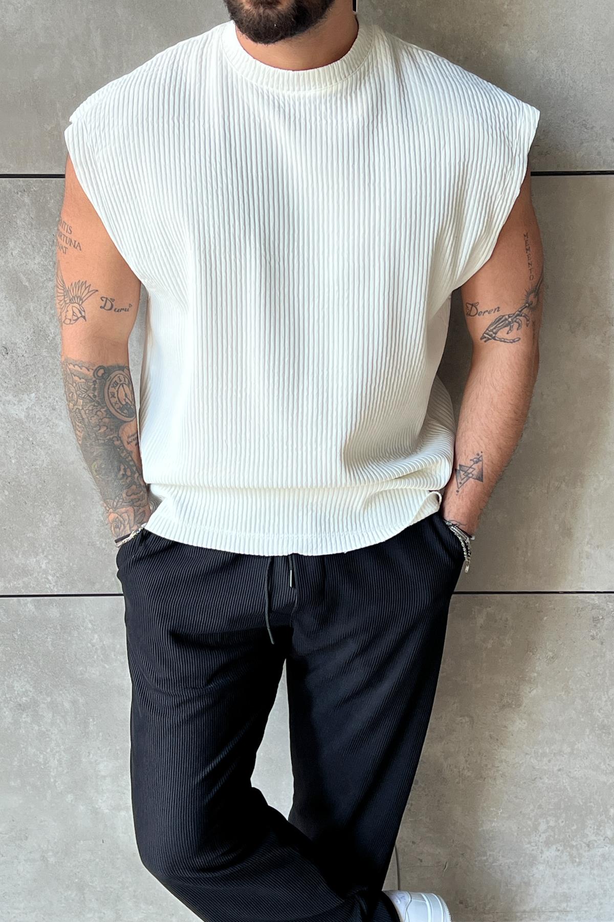Fitilli Oversize Kesik Kol T-Shirt