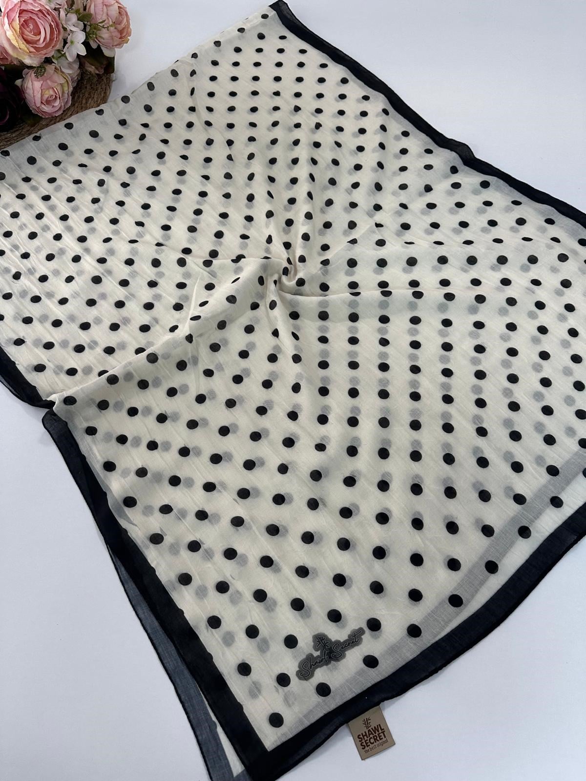 Shawl Scret Puantiye Desenli Kraş Şal Siyah -Krem  BCD0104