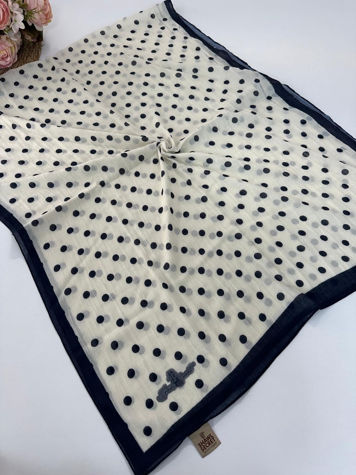 Shawl Scret Puantiye Desenli Kraş Şal Lacivert -Krem  BCD0105