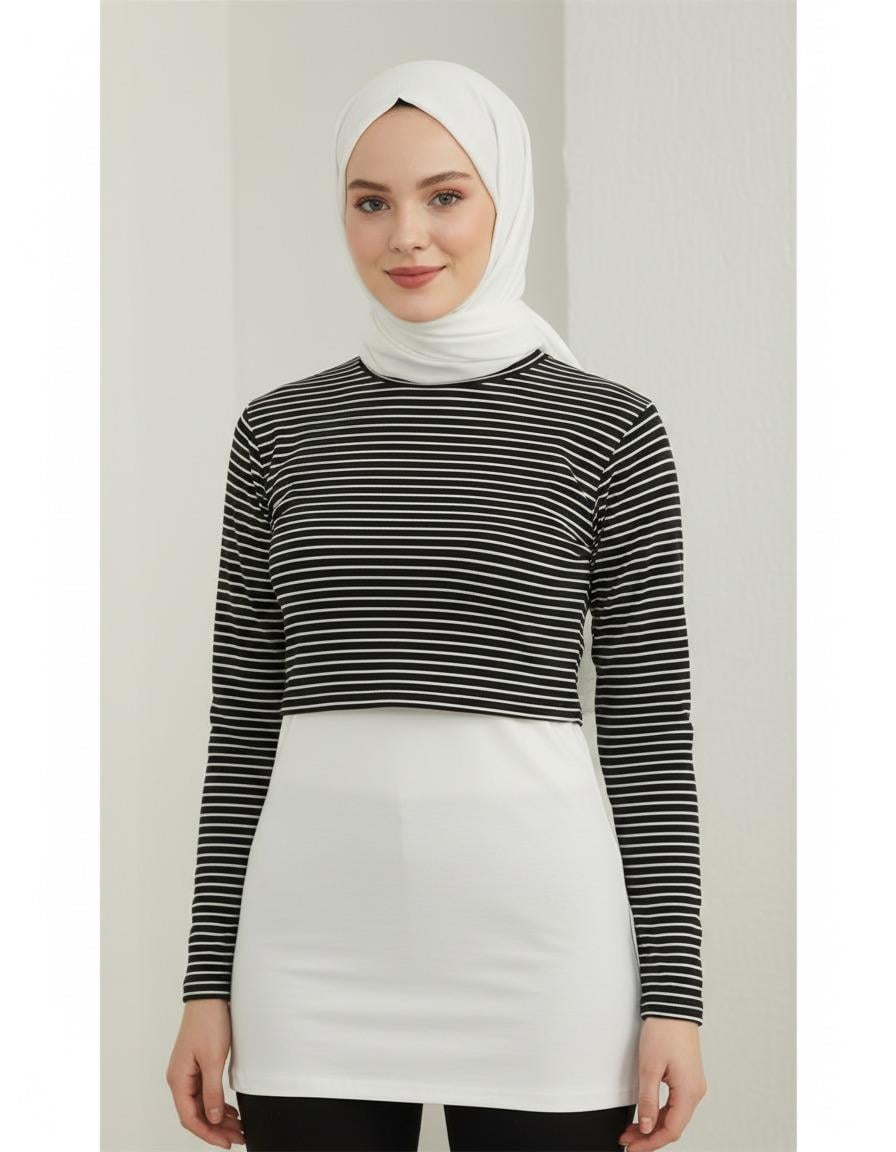 Siyah Beyaz Çizgili Crop Standart Beden CRP01